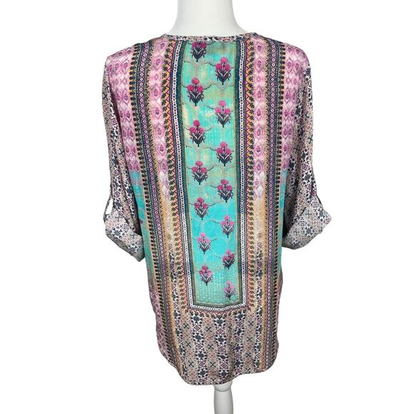 Tolani 100% Silk Printed Tunic Top Roll Tab Sleeves Beach Resort Vacation Large - Picture 8 of 14